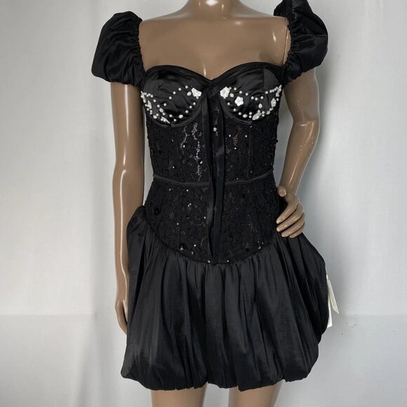 NEW FOR LOVE & LEMONS  Mini Dress Black Size XS Mckenna Corded Lace Sequin - Picture 1 of 11